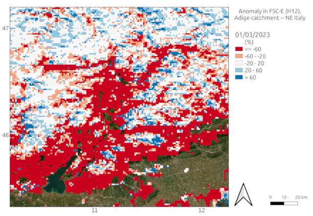 Snow-drought conditions in early 2023 seen from H-SAF satellites